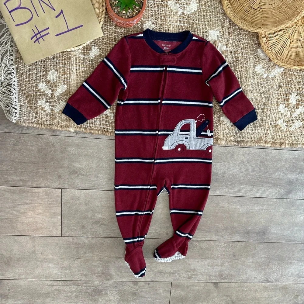 Carter's Toddler Boy Zip Footie Pajamas Sleeper Striped Fleece Tow Truck 18 M